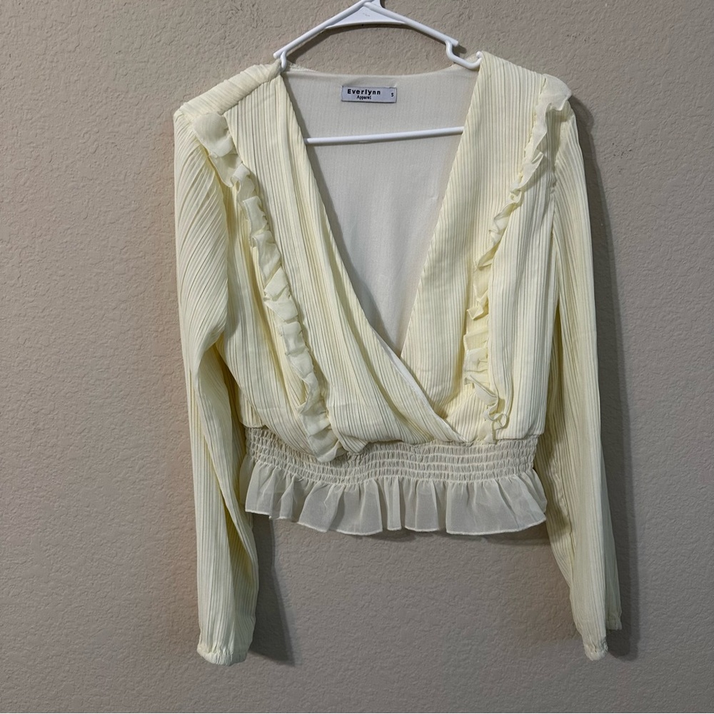 Everlynn Apparel Top Cream Ruffled V-Neck Blouse Long Sleeve Sheer Romantic